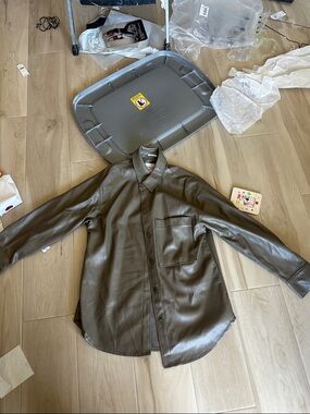 Abercrombie & Fitch Olive Green Faux Leather Button-Up Jacket